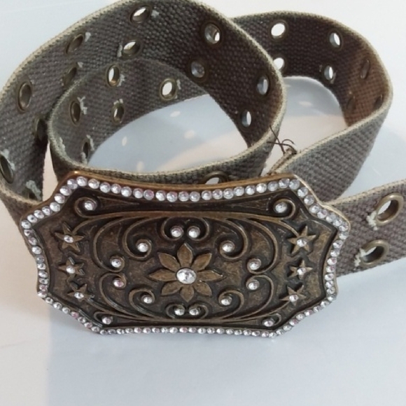 Vintage Dark Tan Double Grommet Belt with Ornate Rhinestone  Buckle Sz.S/ M main image 5